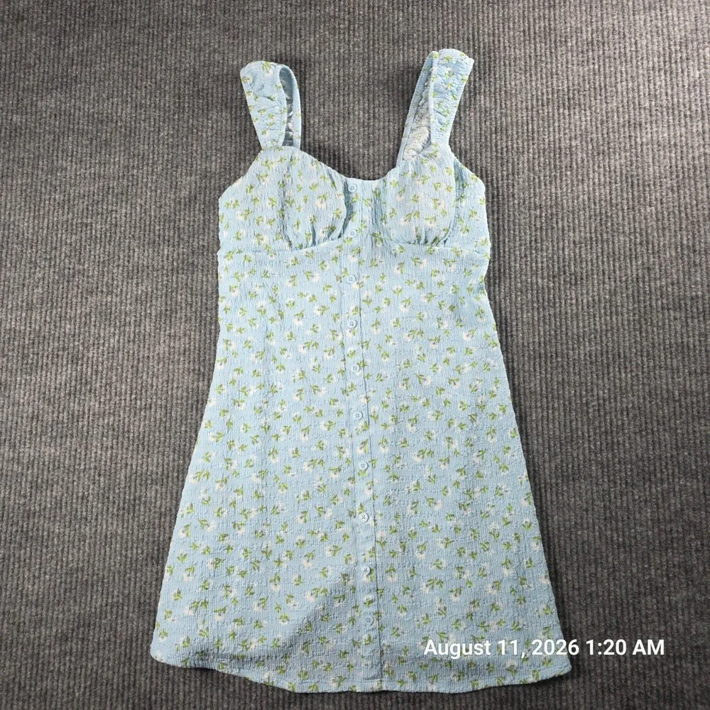 No Boundaries Womens Blue Floral Seersucker Button Front Mini Dress Size M 8-10